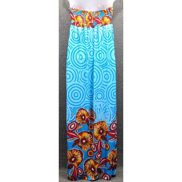 Silk Dress - Blue Floral, Maxi, Padded, Beaded Accent, Strapless, Silk Blend, M - Picture 3 of 6